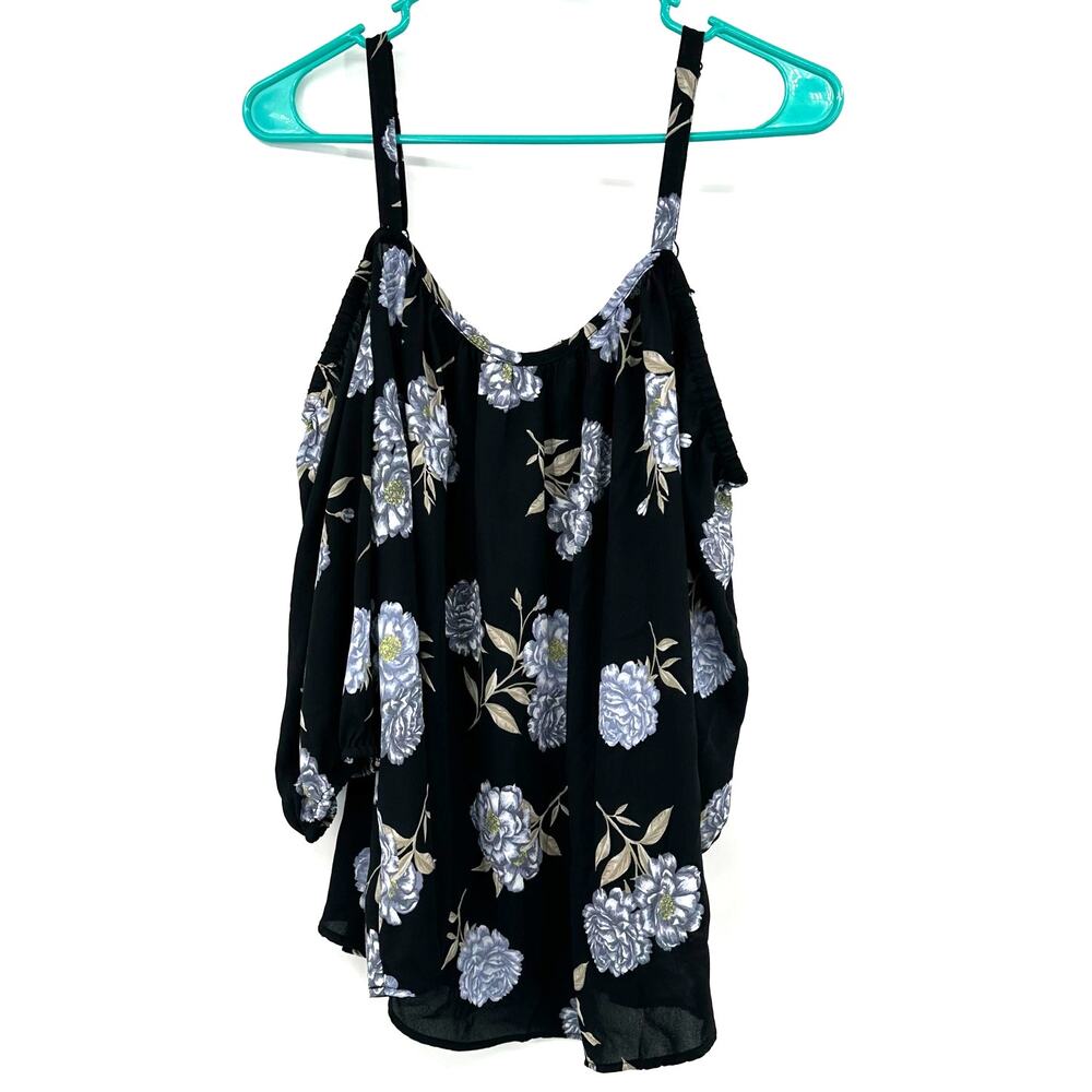 Torrid Size 00 Medium‎ Cold Shoulder Blouse Black Blue Floral Print Top Shirt